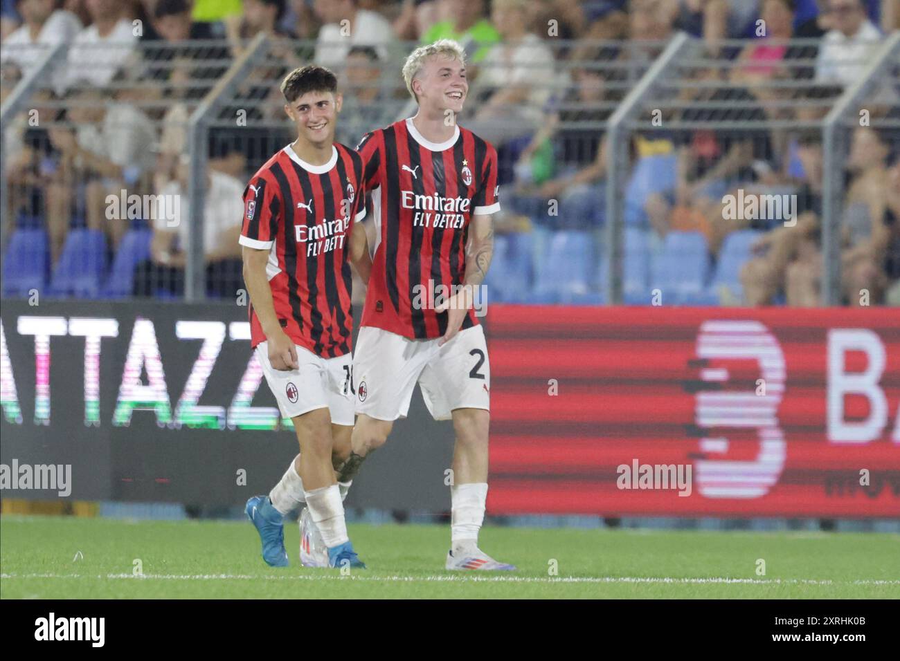 Mattia Liberali (Milan Futuro) and Alejandro Sanchez Jimenez (Milan Futuro) celebrates after scoring a goal during the Serie C Now Cup match between Lecco and Milan Futuro at Stadio Mario Rigamonti-Mario Ceppi on August 10, 2024 in Lecco, Italy.&#xA;(Photo by Matteo Bonacina/LiveMedia) Stock Photo