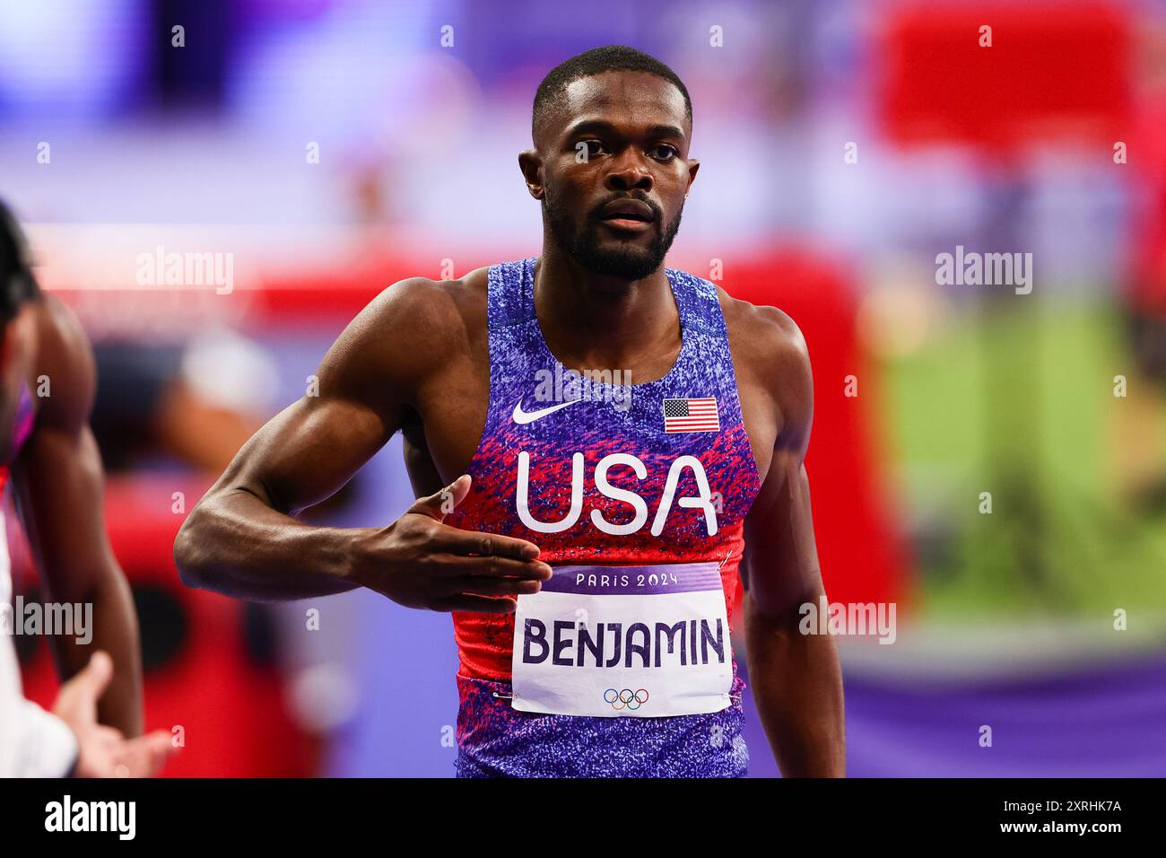 Paris, France, 10 August, 2024. Rai Benjamin of USA runs the anchor leg ...