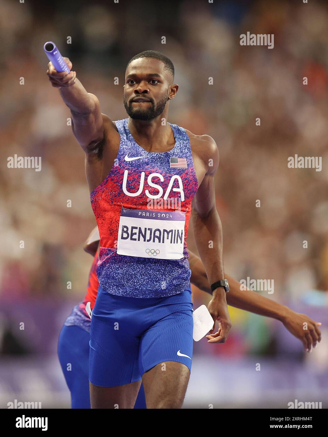 Paris, France. 10th Aug, 2024. Rai Benjamin of team USA reacts after ...