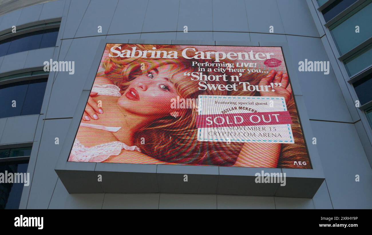 Los Angeles, California, USA 9th August 2024 Sabrina Carpenter Short N  Sweet Sold Out Tour Marquee at Crypto.com Arena in Downtown LA on August 9,  2024 in Los Angeles, California, USA. Photo