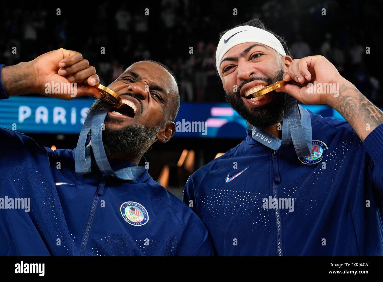 United States' LeBron James (6) and Anthony Davis (14) celebrate after ...