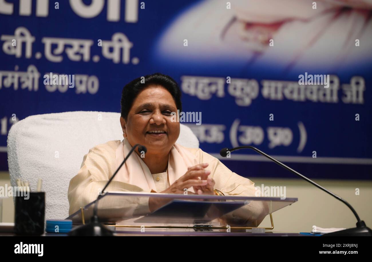 LUCKNOW, INDIA - AUGUST 10: BSP Supremo Mayawati addresses a press conference at BSP party office, on August 10, 2024 in Lucknow, India. Mayawati questioned the 'silence of the Congress' on the August 1 judgment of the Supreme Court directing the states to evolve a policy for identifying the creamy layer among the SCs and STs. (Photo by Deepak Gupta/Hindustan Times/Sipa USA ) Credit: Sipa USA/Alamy Live News Stock Photo