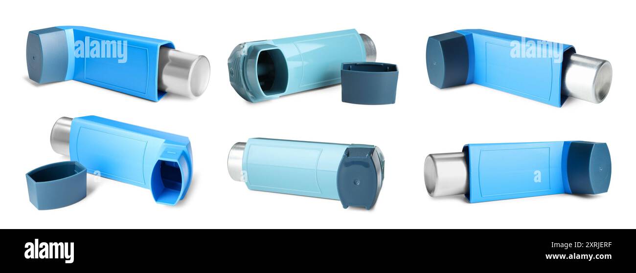 Inhalers isolated on white, collage. Asthma treatment Stock Photo - Alamy