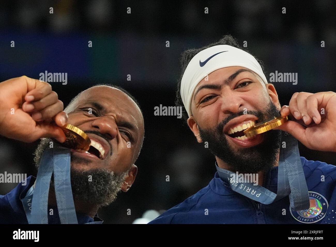 Paris, France. 11th Aug, 2024. Lebron James (L) and Anthony Davis pose ...