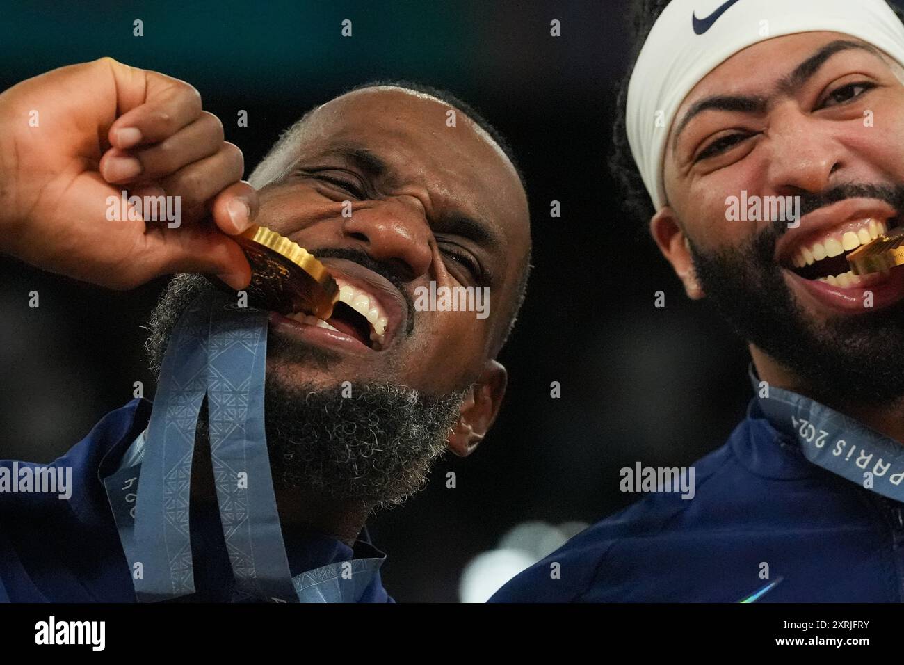 Paris, France. 11th Aug, 2024. Lebron James (L) and Anthony Davis pose ...