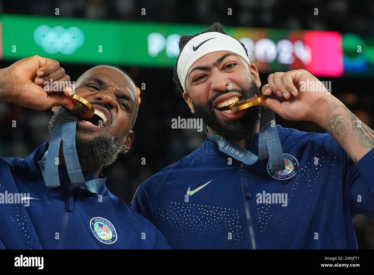 Paris, France. 11th Aug, 2024. Lebron James (L) and Anthony Davis pose ...