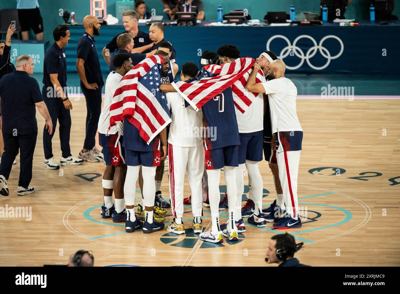 Paris, France. 10th Aug, 2024. Team USA with USA's #06 LeBron James ...