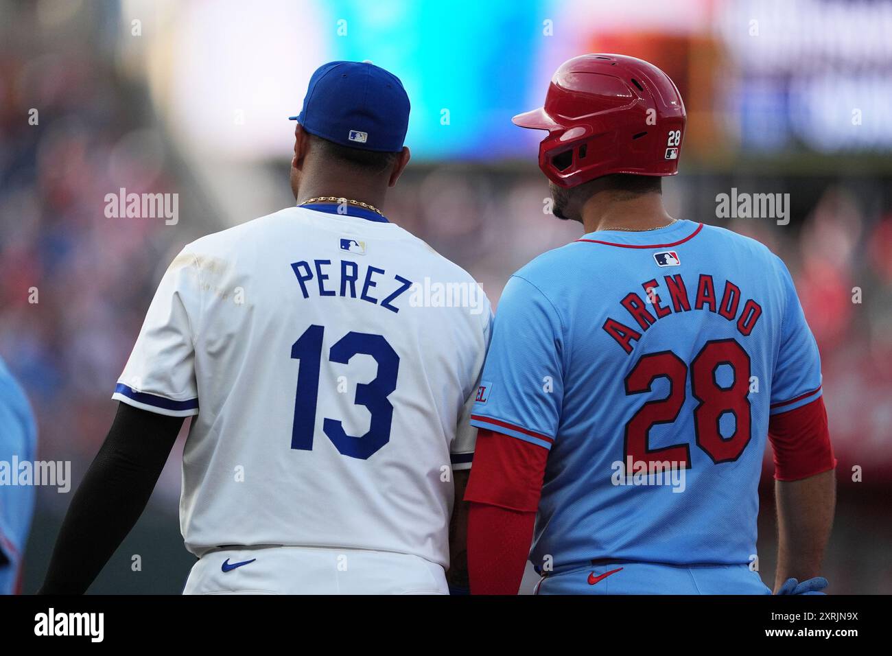 Kansas City, Missouri. AUG 10, 2024: Kansas City Royals catcher Salvador Perez (13) and St. Louis Cardinals third base Nolan Arenado (28) have a discussion at 1st baseat Kauffman Stadium Kansas City, Missouri. Jon Robichaud/CSM. Credit: Cal Sport Media/Alamy Live News Stock Photo