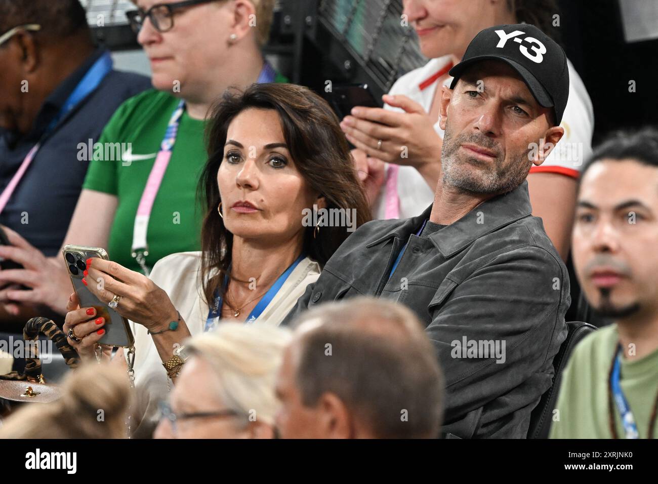 Zinedine Zidane and Veronique Zidane attend the Men's Basketball Final Gold Medal game between Team France and Team United States on day fifteen of the Paris 2024 Summer Olympic Games at Bercy Arena on August 10, 2024 in Paris, France. Photo by Laurent Zabulon/ABACAPRESS.COM Credit: Abaca Press/Alamy Live News Stock Photo