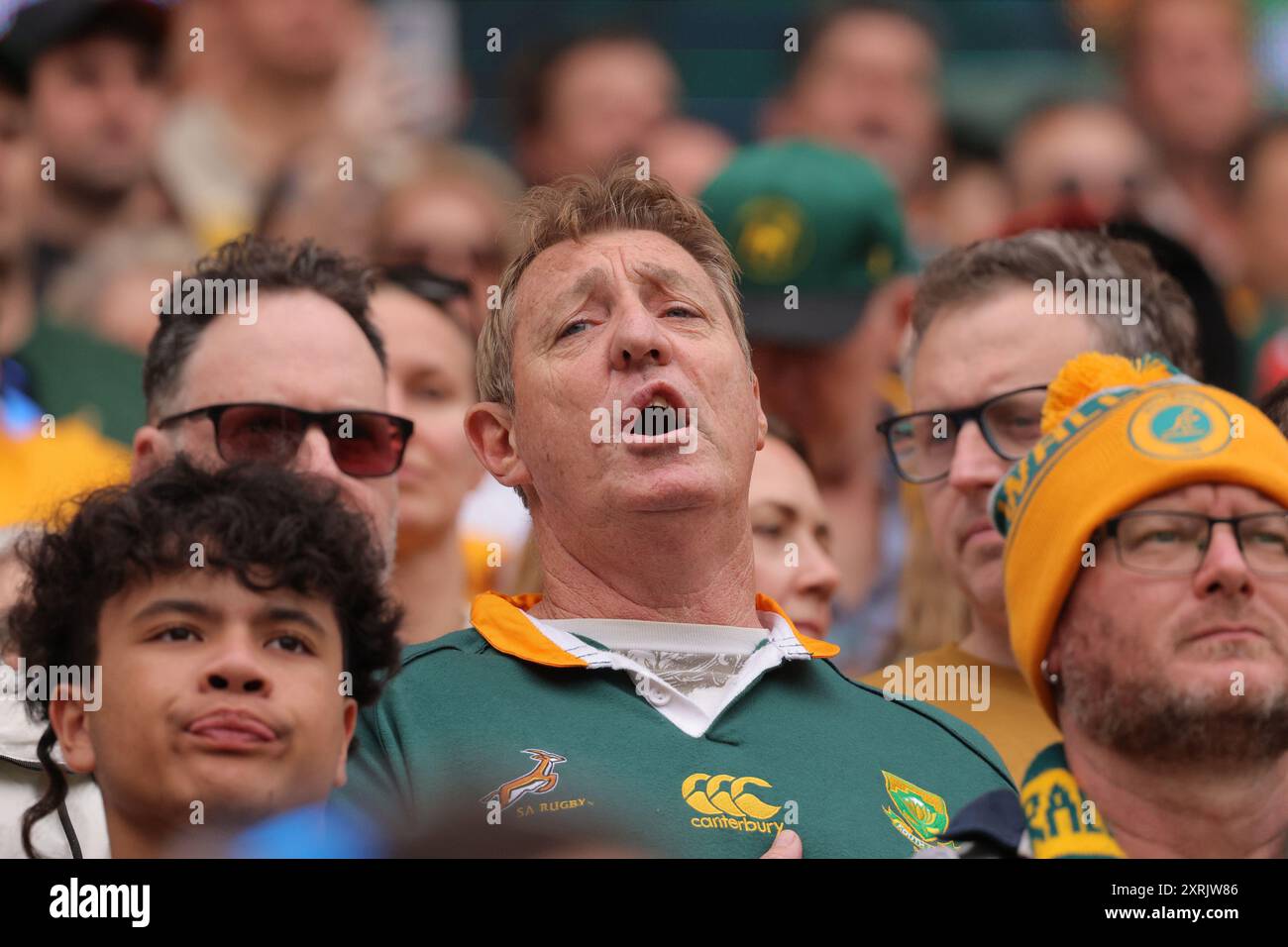 Springbok Rugby Anthem Brisbane, August 10th 2024: Fans of South Africa are seen in the ...