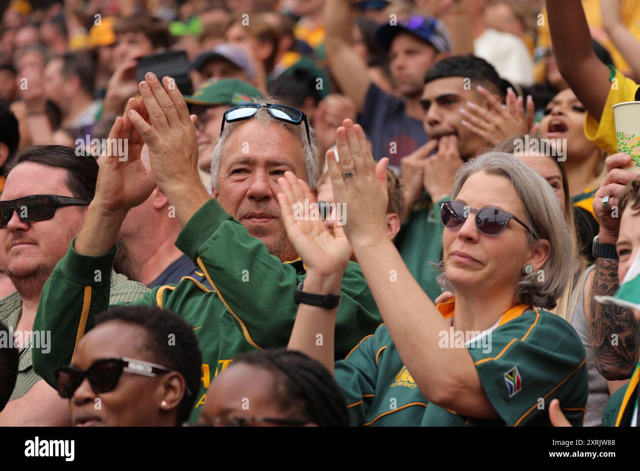 Springbok Rugby Anthem Brisbane, August 10th 2024: Fans of South Africa are seen in the ...