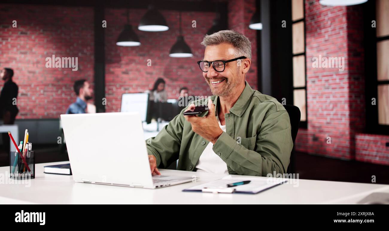 Man Calls Using Smart Phone. Mobile Voice Message Stock Photo