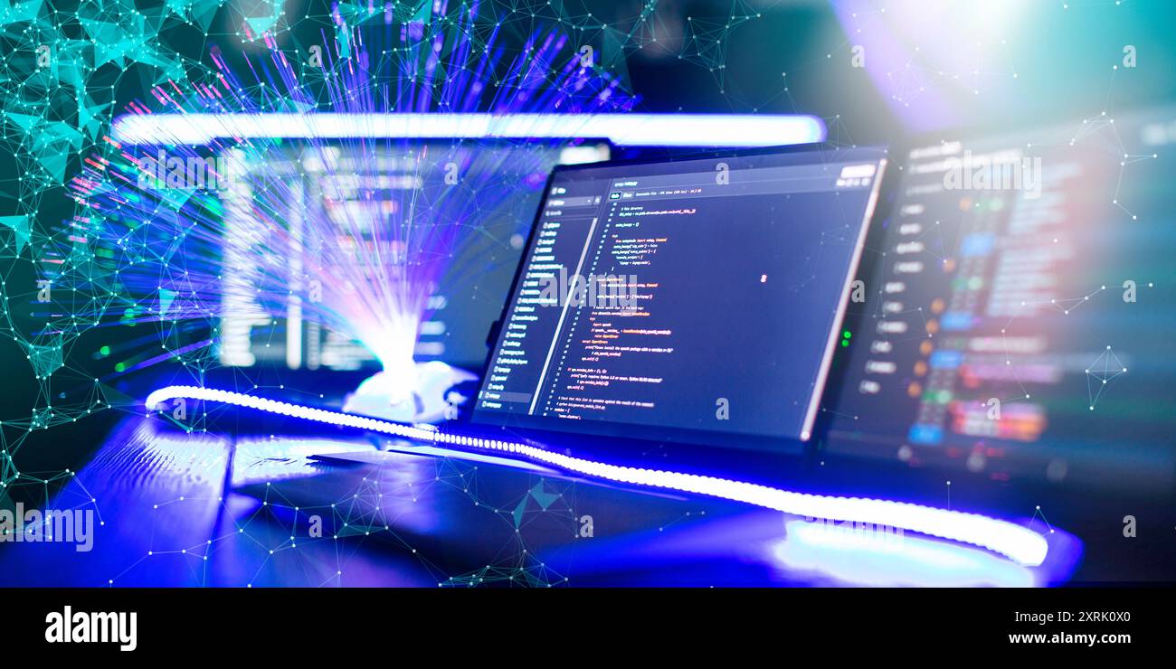 Program code on a computer monitor with fiber optic background. Internet and technology concept. Stock Photo
