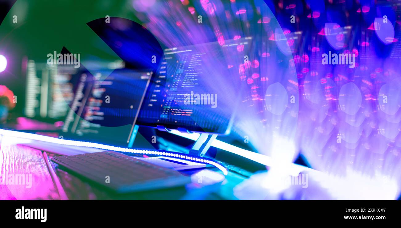 Program code on a computer monitor with fiber optic background. Internet and technology concept. Stock Photo