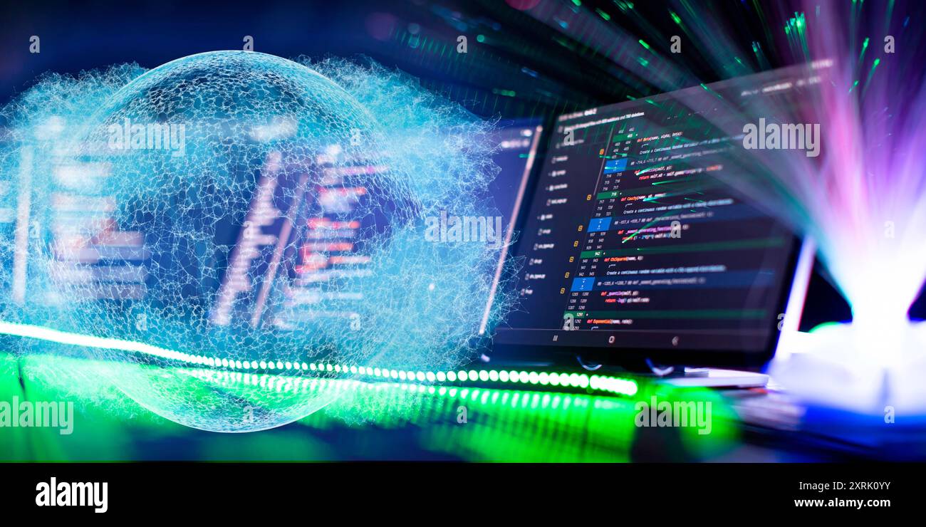 Computer monitor with abstract world map and binary code. Programming ...
