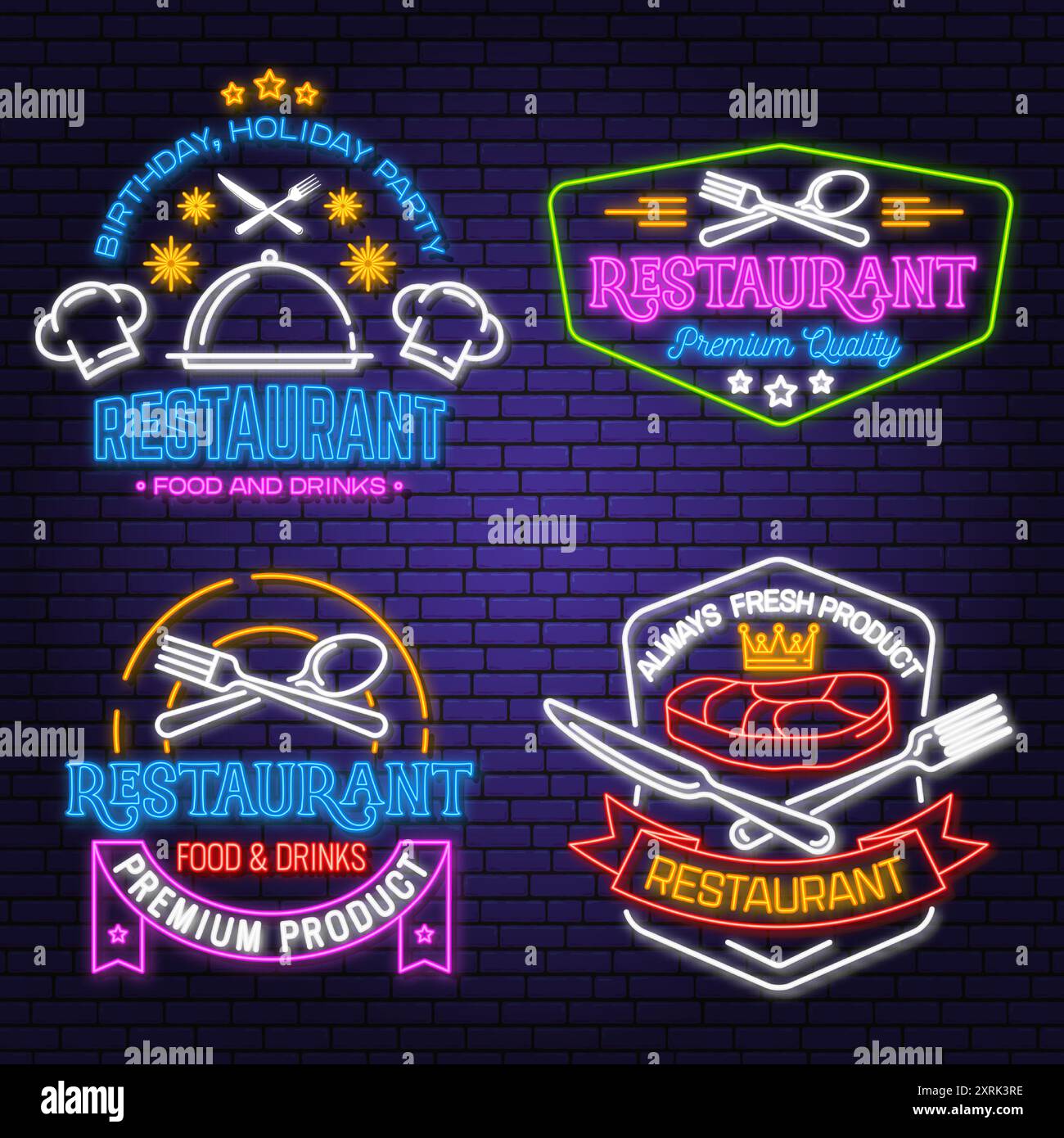 Set of restaurant logo vector illustration neon glowing sign with