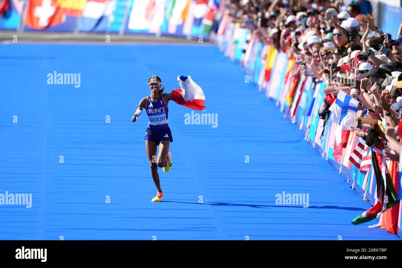 France's Mekdes Woldu approaches the finish line, during the Women's