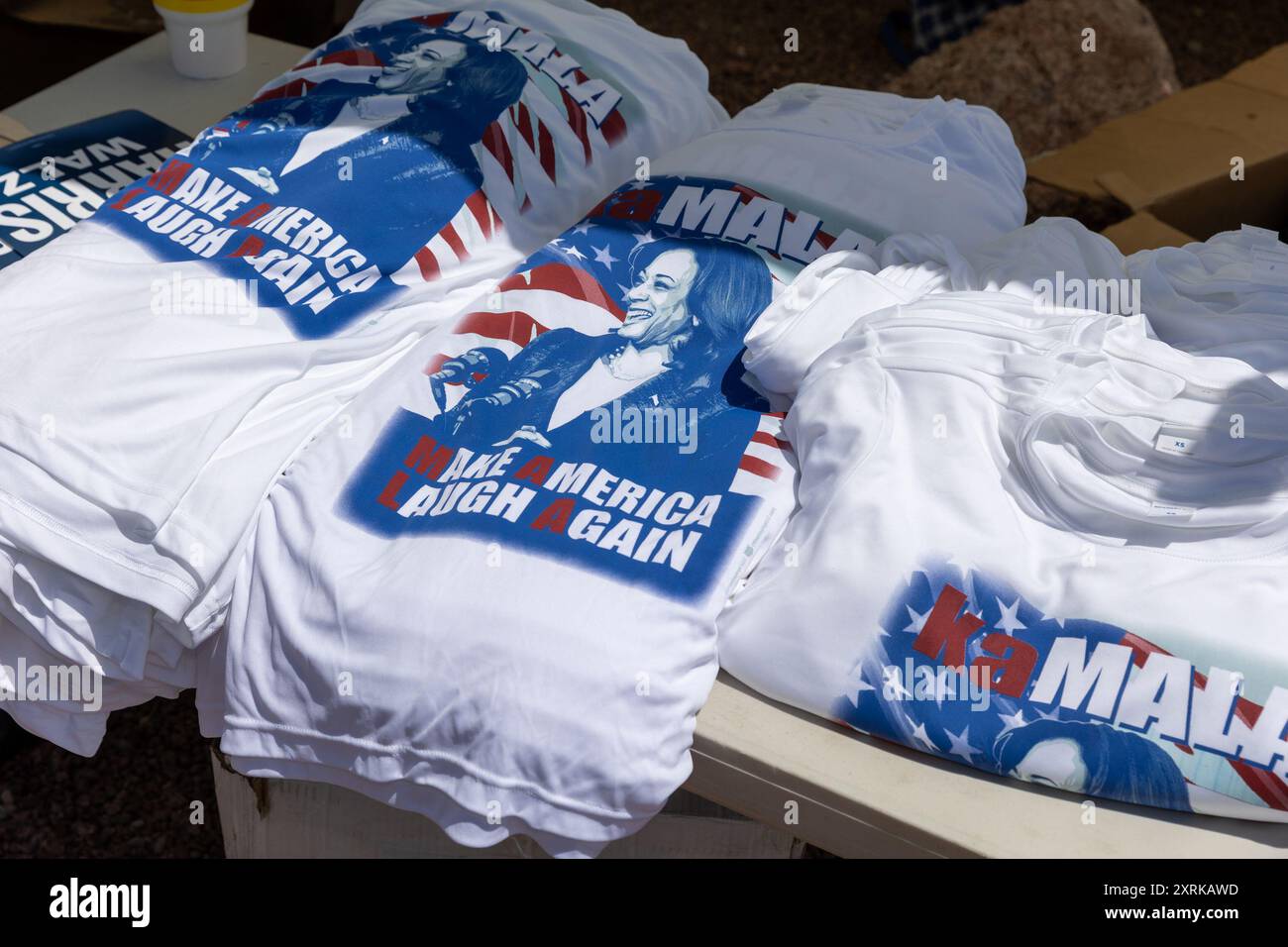 Las Vegas, USA. 10th Aug, 2024. Merchandise at the VP Kamala Harris and Gov Tim Walz rally at Unvieristy of Las Vegas Thomas & Mack Center in Las Vegas, Nevada on August 10, 2024. (Photo by Travis P Ball/Sipa USA) Credit: Sipa USA/Alamy Live News Stock Photo