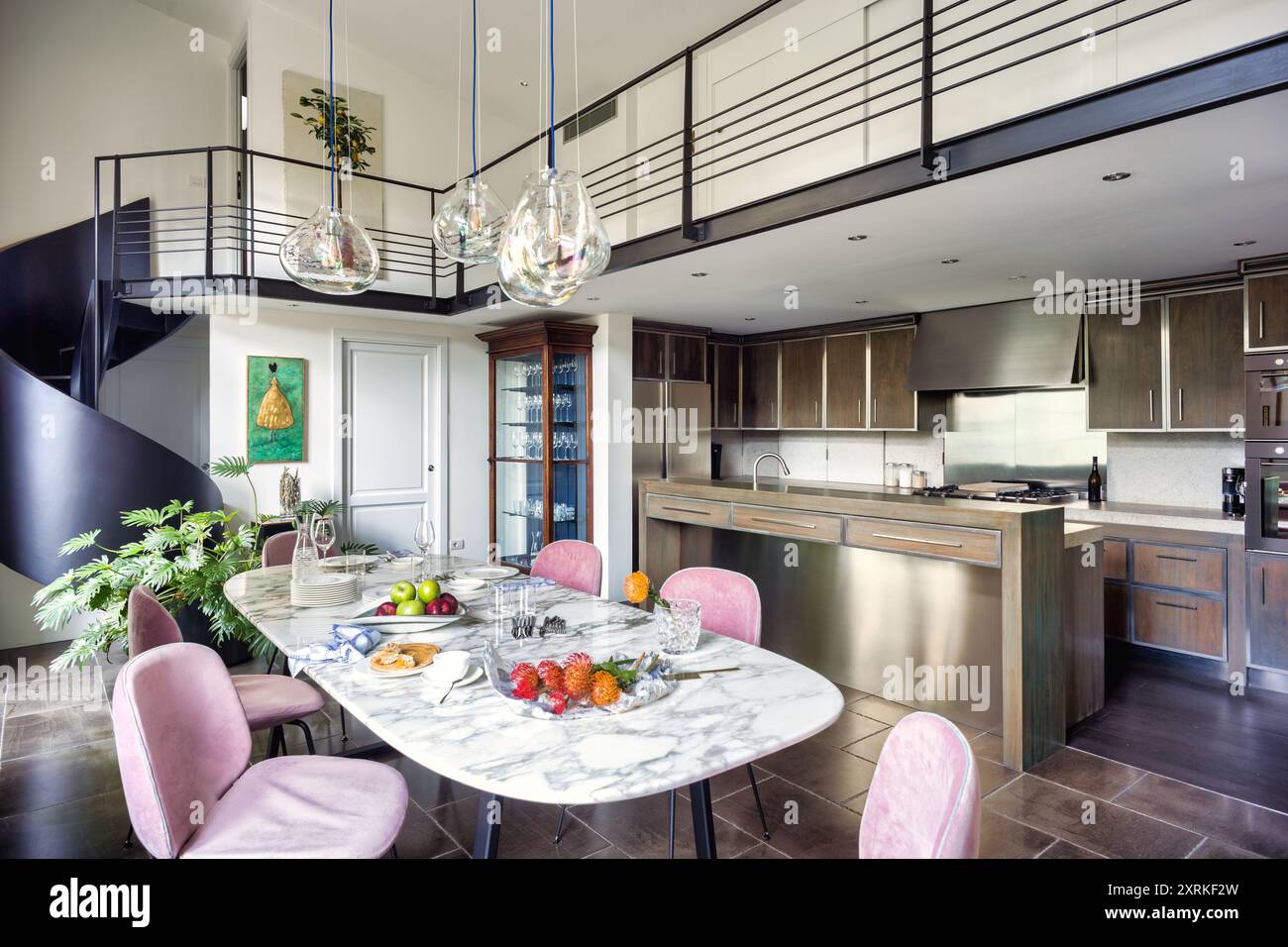 Beautiful contemporary kitchen living room in a loft house in Milano, Italy Stock Photo