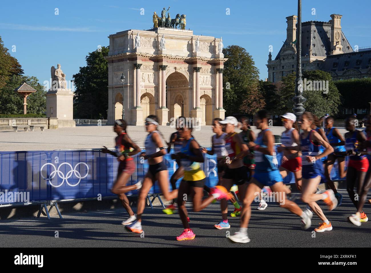 Paris, France. 11th Aug, 2024. Athletes compete during the women's marathon of athletics at the Paris 2024 Olympic Games in Paris, France, Aug. 11, 2024. Credit: Li Gang/Xinhua/Alamy Live News Stock Photo