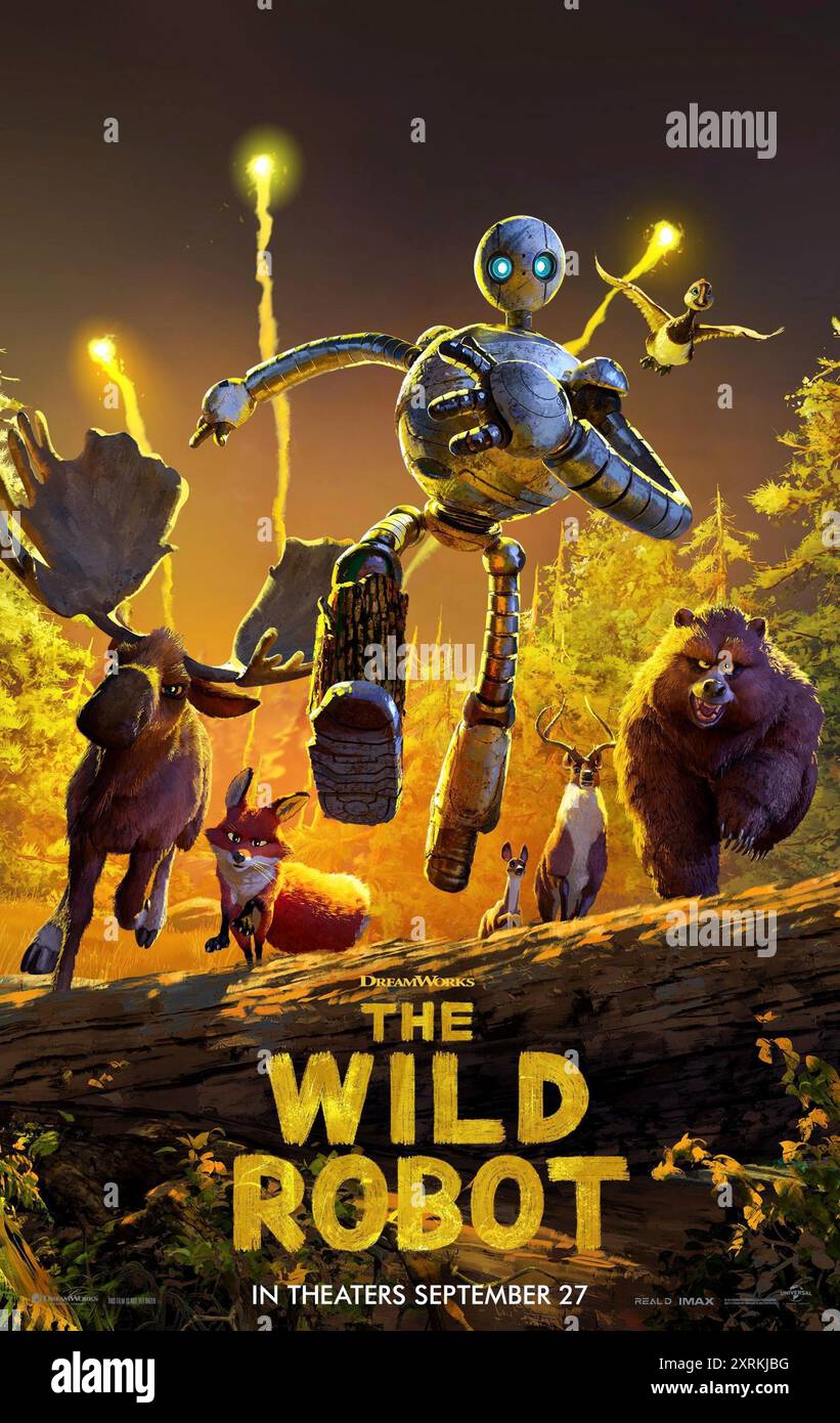 The Wild Robot (2024) directed by Chris Sanders and starring Pedro Pascal, Stephanie Hsu and Lupita Nyong'o. After a shipwreck, an intelligent robot called Roz is stranded on an uninhabited island. To survive the harsh environment, Roz bonds with the island's animals and cares for an orphaned baby goose. US one sheet poster ***EDITORIAL USE ONLY***. Credit: BFA / Universal Pictures Stock Photo