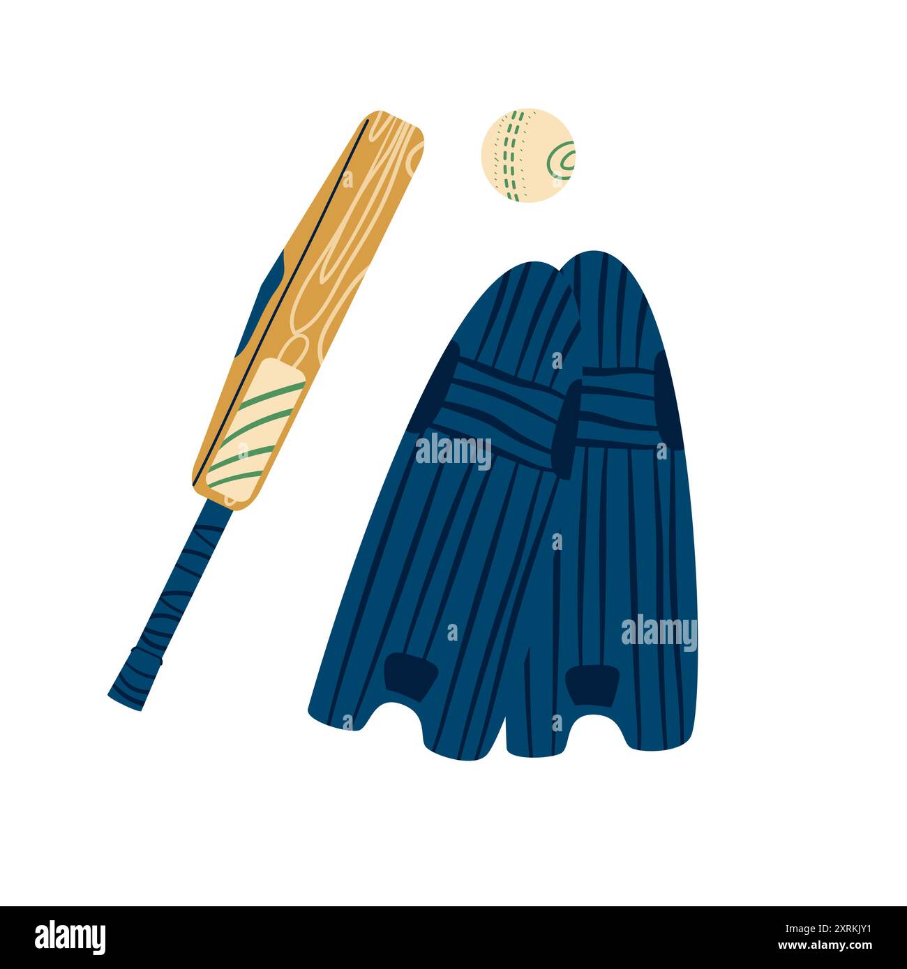 Cricket equipment isolated on white background. Bat, ball and cricket leg pads. Vector hand drawn flat illustration Stock Vector