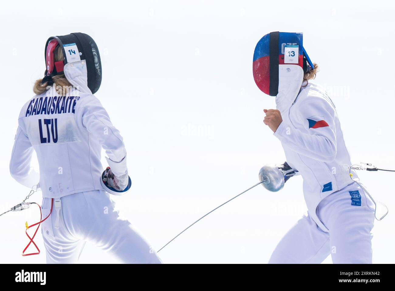 Versailles, France. 11th Aug, 2024. L-R Gintare Venckauskaite (LTU) and Lucie Hlavackova of Czech Republic fight in Women's Individual Fencing, Modern Pentathlon Finals at the Olympic Games in Chateau de Versailles, France, August 11, 2024. Credit: Ondrej Deml/CTK Photo/Alamy Live News Stock Photo