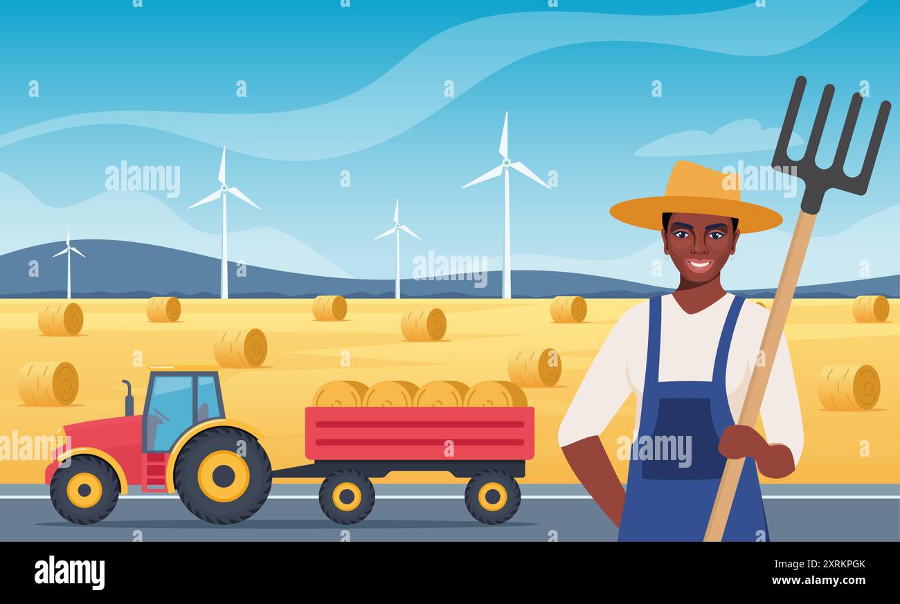 Farmer Black woman character with pitchfork near hayloft prepares hay in autumn. Tractor with hay bales in cart. Agricultural machinery. Vector Illust Stock Vector