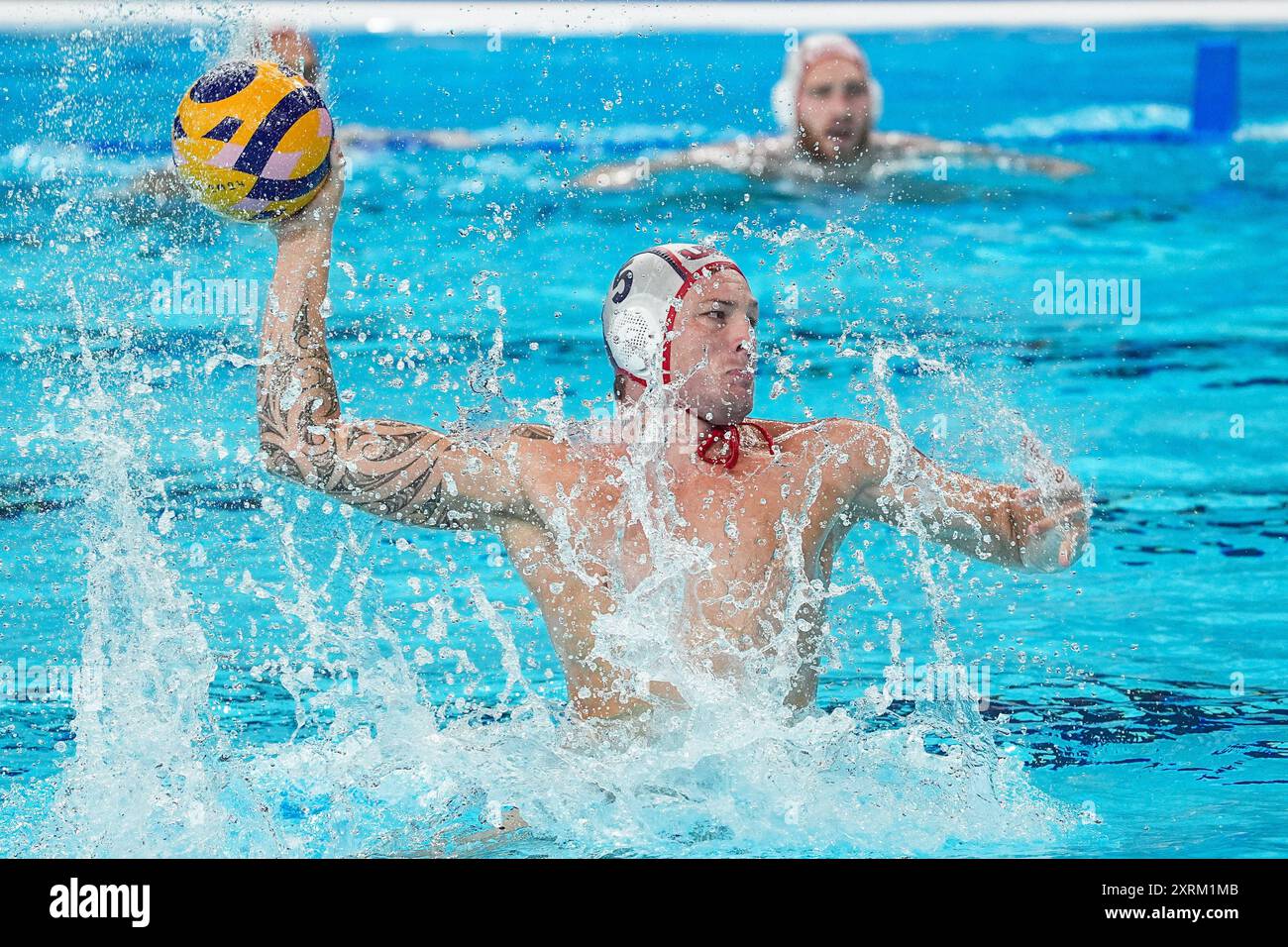 Paris, France. 11th Aug, 2024. Hannes Daube of the United States attacks during the water polo men's bronze medal match between the United States and Hungary at the Paris 2024 Olympic Games in Paris, France, on Aug. 11, 2024. Credit: Du Yu/Xinhua/Alamy Live News Stock Photo