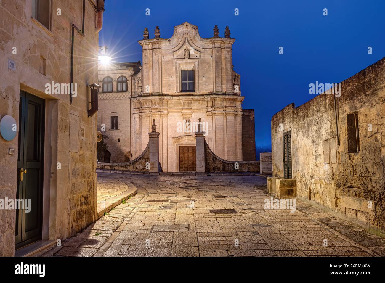 The church La Chiesa rupestre di San Giuliano in Matera, Italy, at night Stock Photo