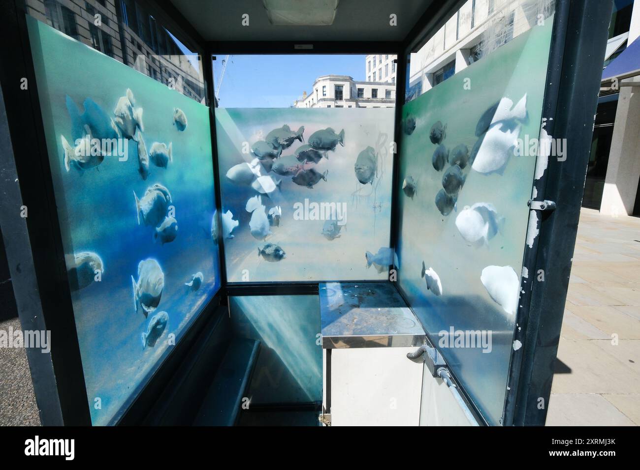 City of London, UK. 11th Aug 2024. 'Banksy' Piranha fish appear in City of London in a police box near St Paul's cathedral. Credit: Matthew Chattle/Alamy Live News Stock Photo