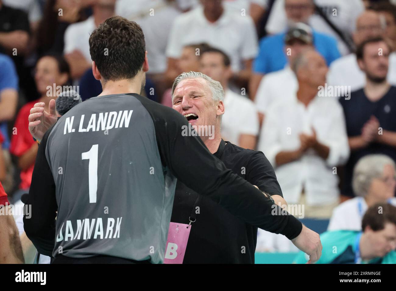 Nikolaj JACOBSEN (coach Denmark) celebrates with Niklas Landin Jacobsen, Handball, Men&#39;s Gold Medal Match between Germany and Denmark during the Olympic Games Paris 2024 on 11 August 2024 at Pierre Mauroy stadium in Villeneuve-d&#39;Ascq near Lille, France Stock Photo