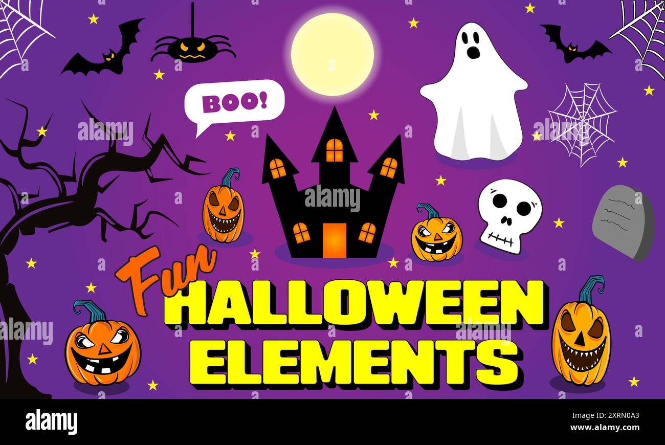 Halloween themed cartoon seamless pattern with pumpkin, ghost, bat, and skull elements Stock Vector
