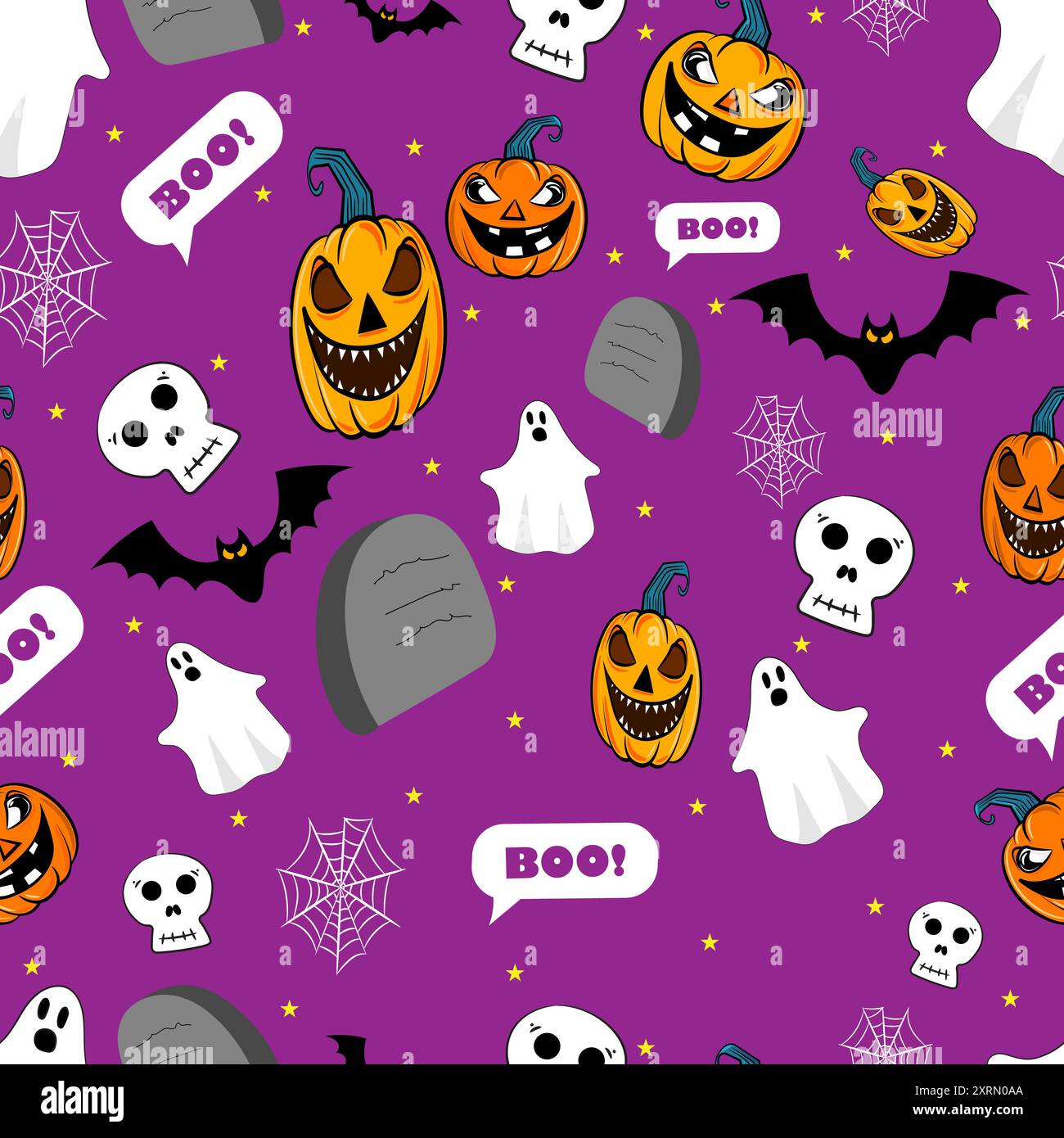 Halloween themed cartoon seamless pattern with pumpkin, ghost, bat, and skull elements Stock Vector