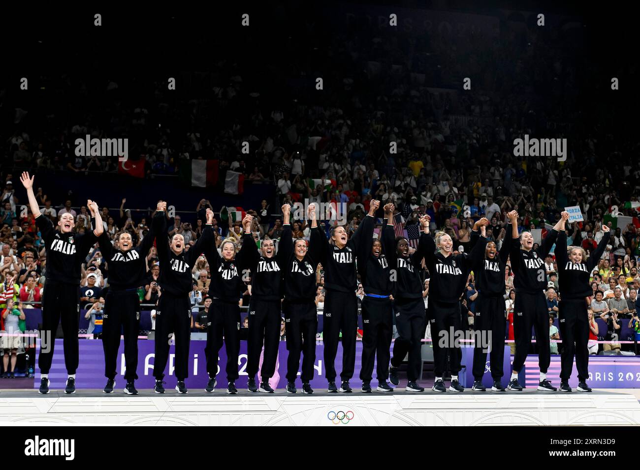 Paris, France. 11th Aug, 2024. Italian players celebrate at the end of the Volleyball gold medal match between United States of America and Italy of the Paris 2024 Olympic Games at Arena Paris Sud 1 in Paris (France), August 11, 2024. Italy defeated United States 3-0 and won the gold medal. Credit: Insidefoto di andrea staccioli/Alamy Live News Stock Photo