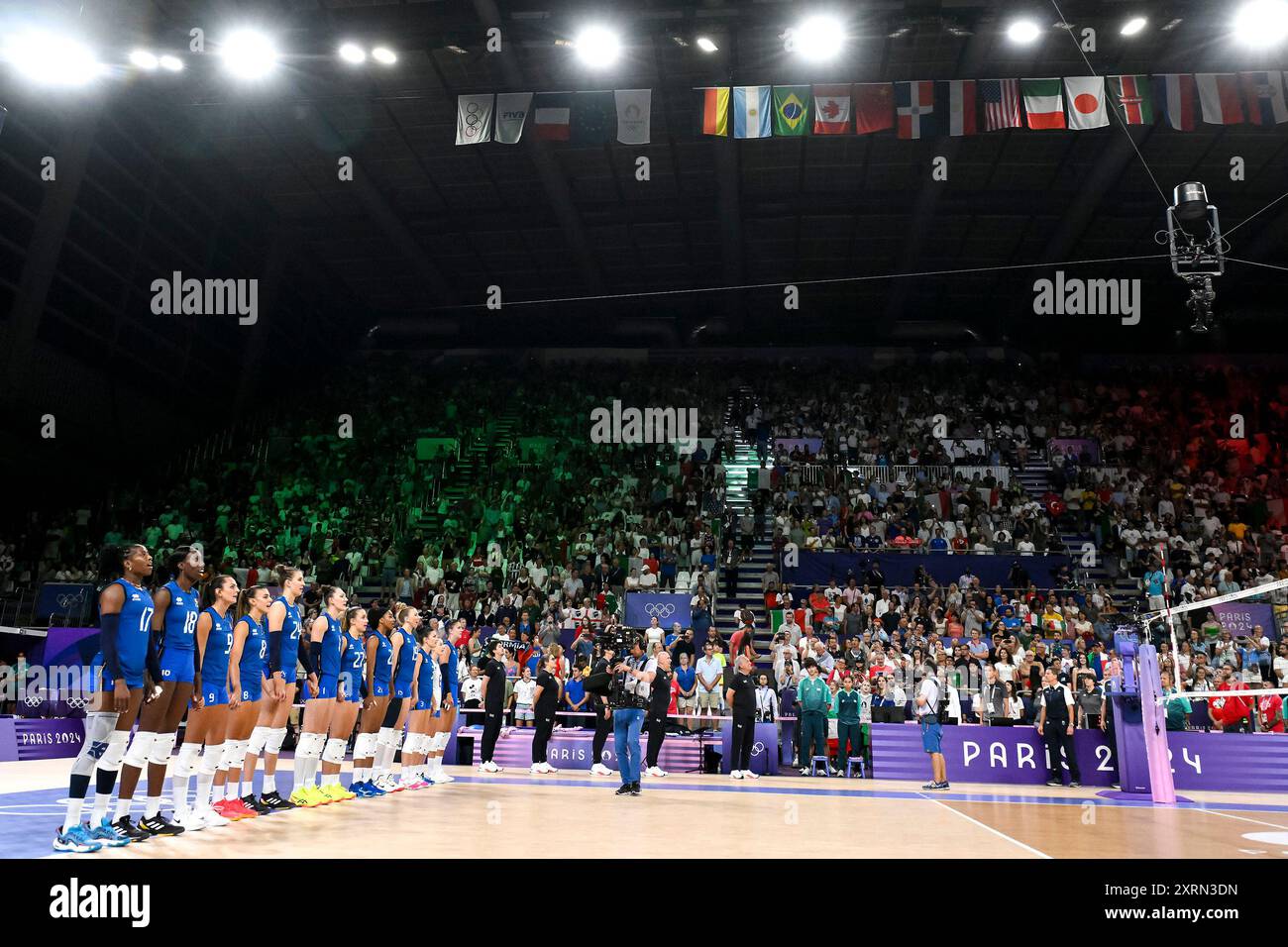Paris, France. 11th Aug, 2024. Italian players during the national anthem before the volleyball gold medal match between the United States of America and Italy during the Paris 2024 Olympic Games at the Arena Paris Sud 1 in Paris, France, 11 August 2024. Italy defeated the United States 3-0 and won the gold medal. Credit: Insidefoto di andrea staccioli/Alamy Live News Stock Photo