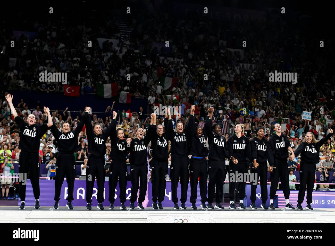 Paris, France. 11th Aug, 2024. Italian players celebrate at the end of the Volleyball gold medal match between United States of America and Italy of the Paris 2024 Olympic Games at Arena Paris Sud 1 in Paris (France), August 11, 2024. Italy defeated United States 3-0 and won the gold medal. Credit: Insidefoto di andrea staccioli/Alamy Live News Stock Photo