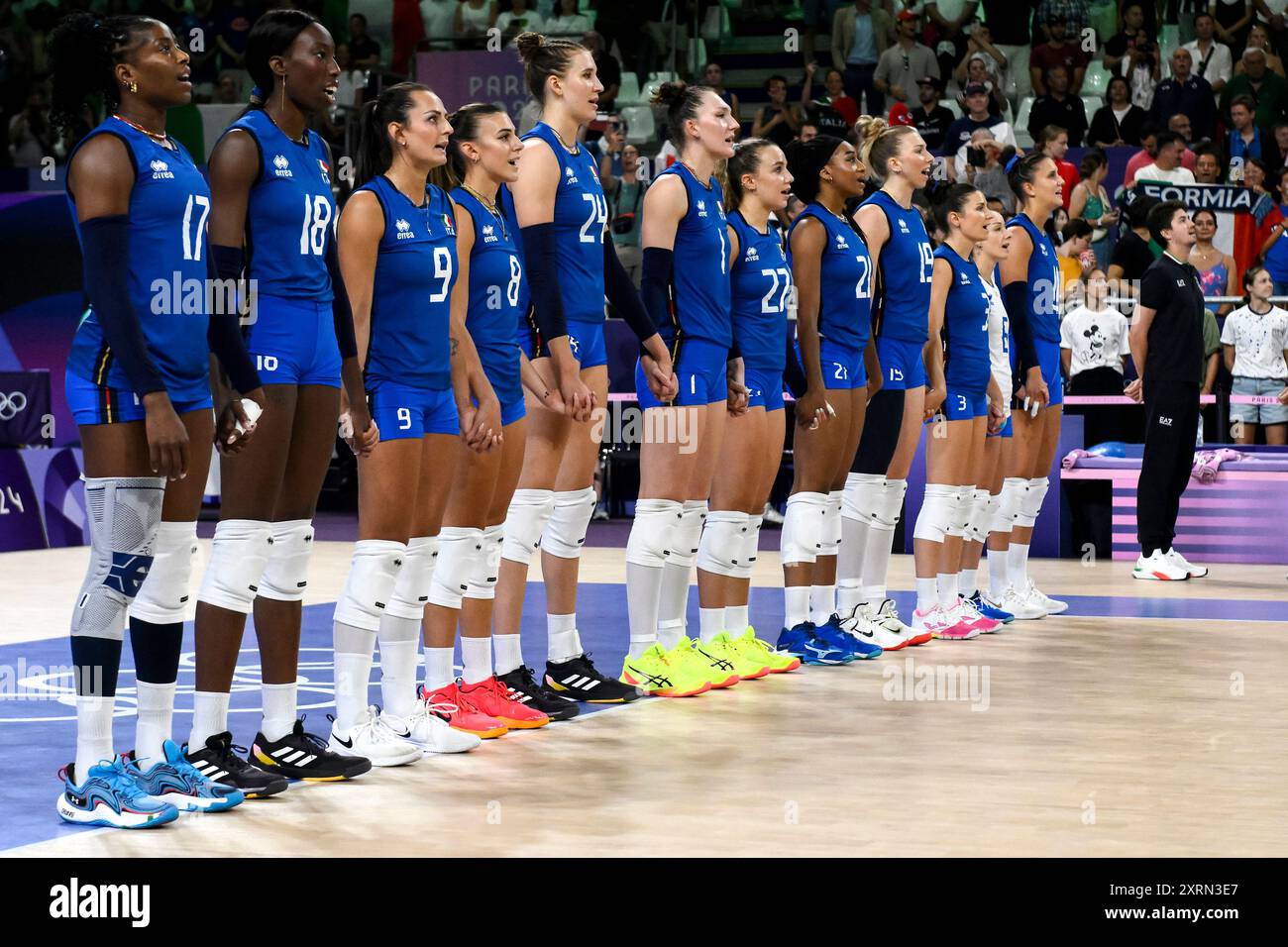 Paris, France. 11th Aug, 2024. Italian players during the national anthem before the volleyball gold medal match between the United States of America and Italy during the Paris 2024 Olympic Games at the Arena Paris Sud 1 in Paris, France, 11 August 2024. Italy defeated the United States 3-0 and won the gold medal. Credit: Insidefoto di andrea staccioli/Alamy Live News Stock Photo