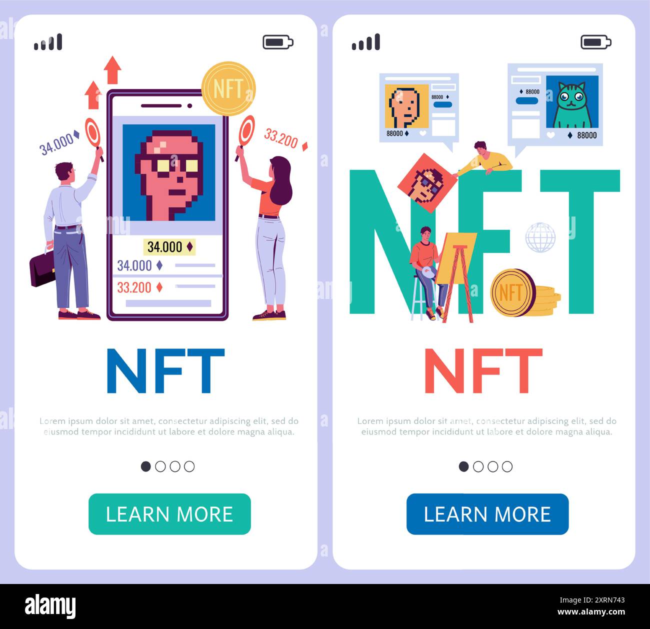 NFT mobile app. Smartphone onboarding. Cyber art. Unique masterpiece auction  technology. Digital token. Crypto trade UI. Investment cryptocurrency  exchange. Phone application interfaces vector set Stock Vector Image & Art  - Alamy