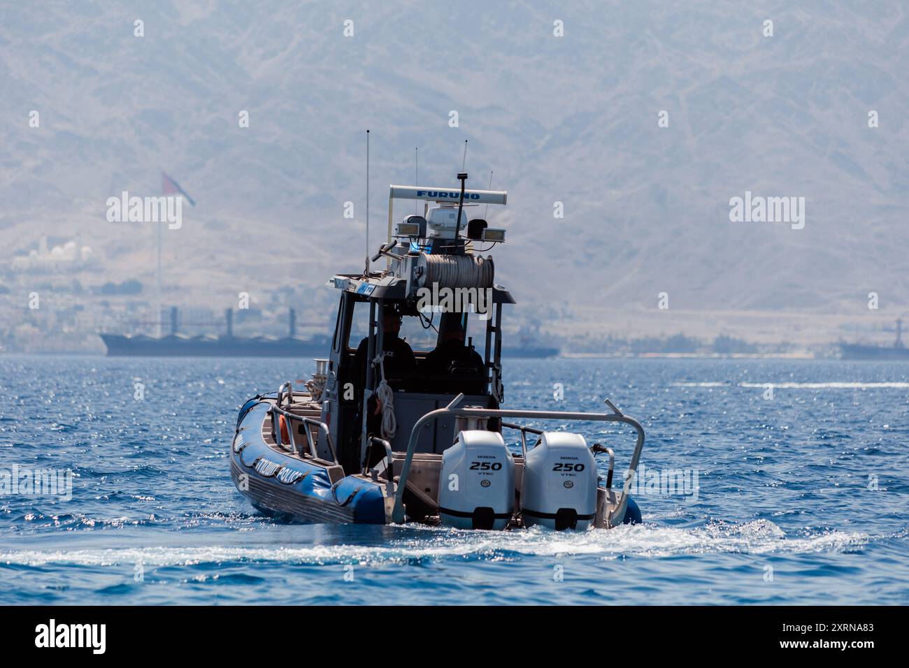Israeli police boat patrolling waters of the Gulf of Eilat in the Red Sea Stock Photo