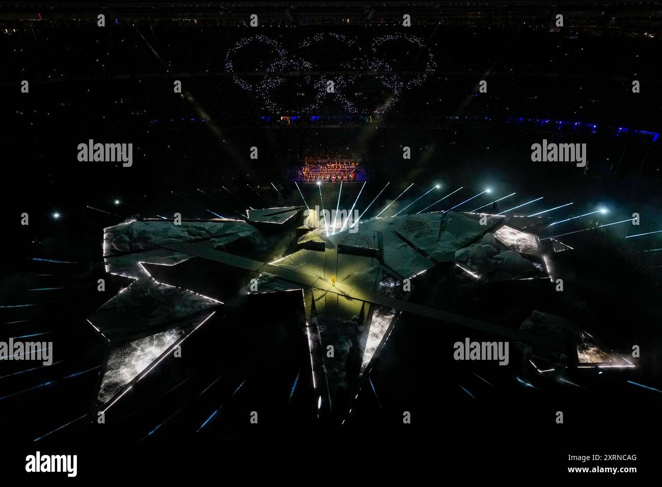 The Olympic rings are illuminated during the 2024 Summer Olympics ...