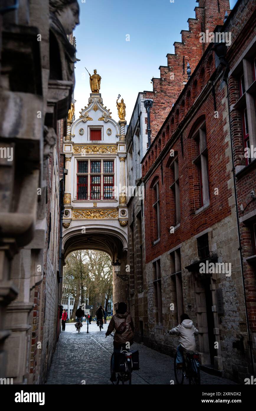 Early Baroque Renaissance Liberty of Bruges building and the Blind Donkey Alley in Belgium. Stock Photo