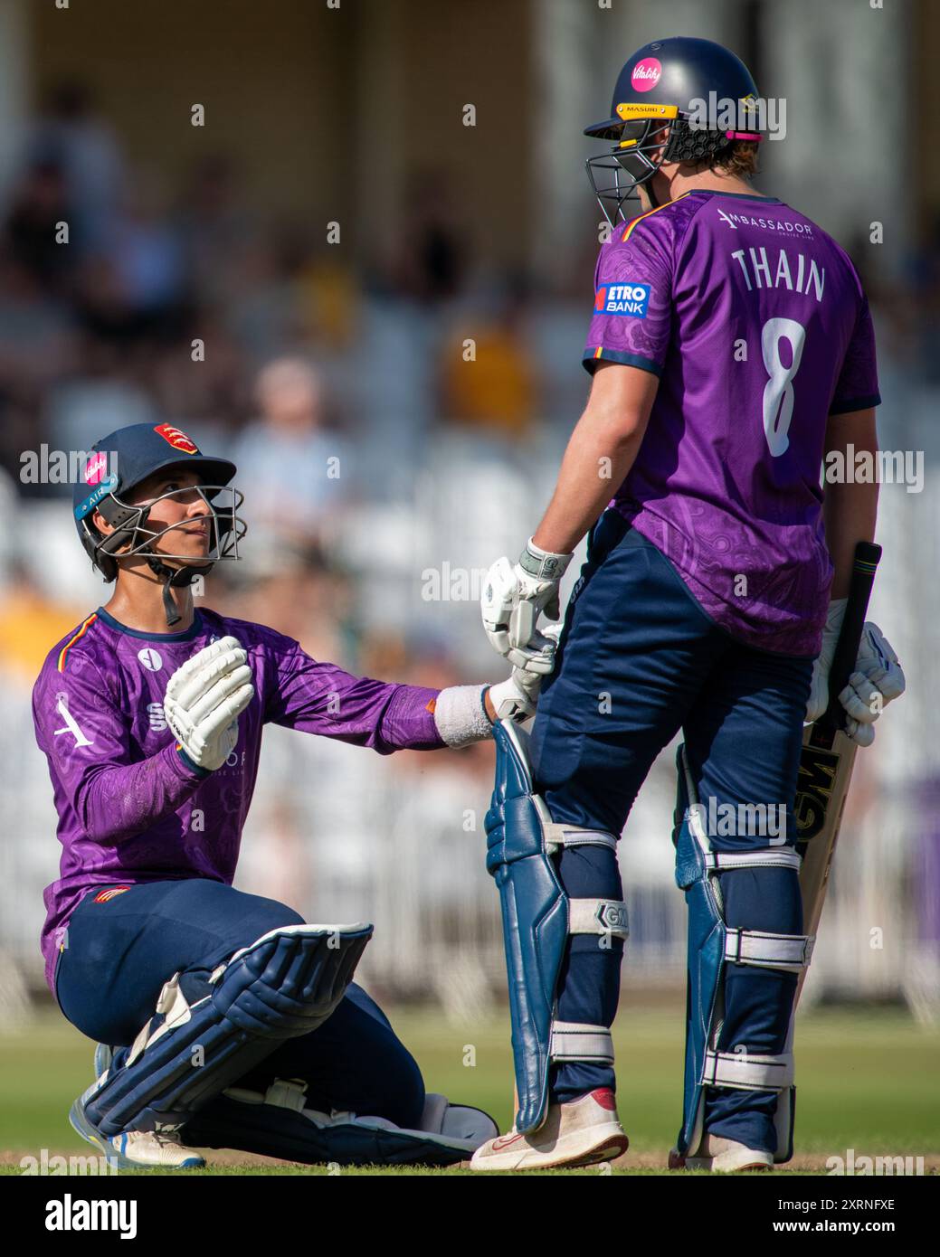 Noah THAIN of Essex CCC  and Robin DAS of Essex CCC planning their next moves during the Royal London One-day Cup match Nottinghamshire vs Essex at Trent Bridge, Nottingham, United Kingdom, 11th August 2024  (Photo by Mark Dunn/News Images) Stock Photo