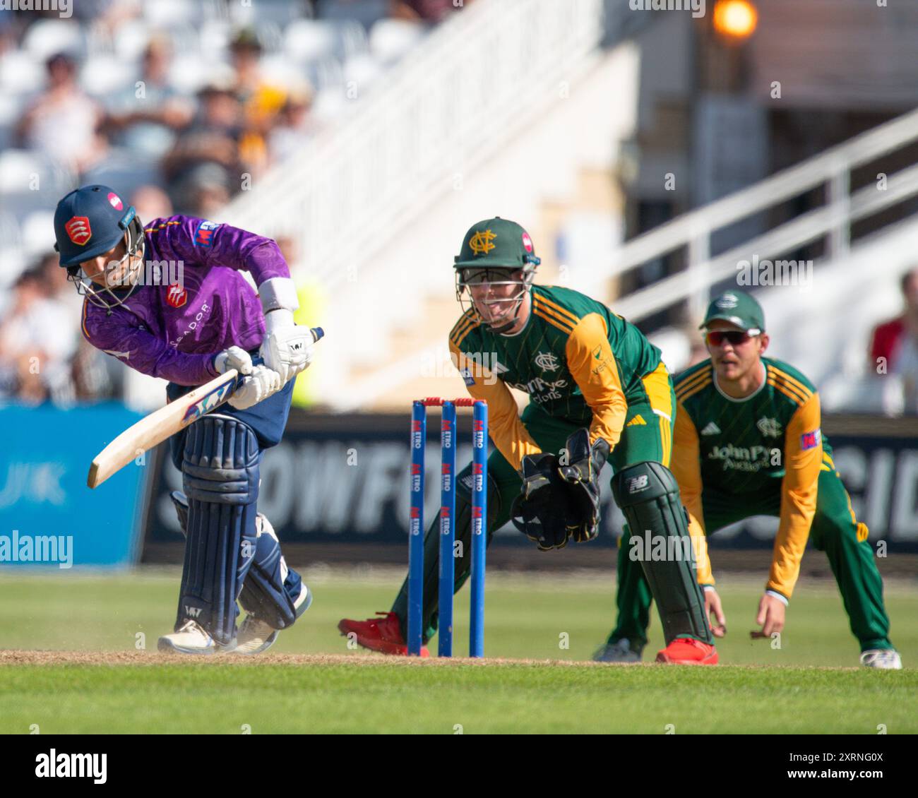 Noah THAIN of Essex CCC batting with Tom MOORES of Nottingham Outlaws at the wickets during the Royal London One-day Cup match Nottinghamshire vs Essex at Trent Bridge, Nottingham, United Kingdom, 11th August 2024  (Photo by Mark Dunn/News Images) Stock Photo