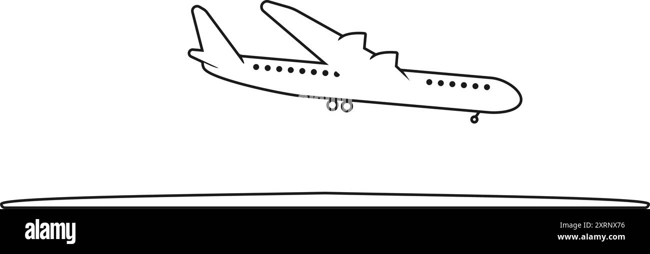 Airplane or aeroplane coming in for landing at the airport runway line art vector Stock Vector