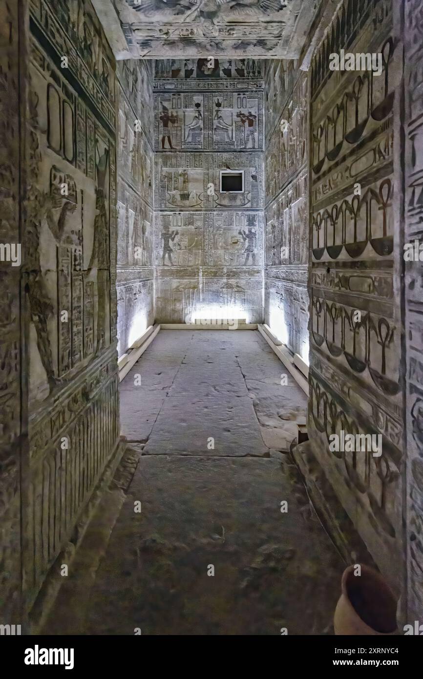 Bas reliefs on the walls of one of the 12 underground crypts of Hathor ...