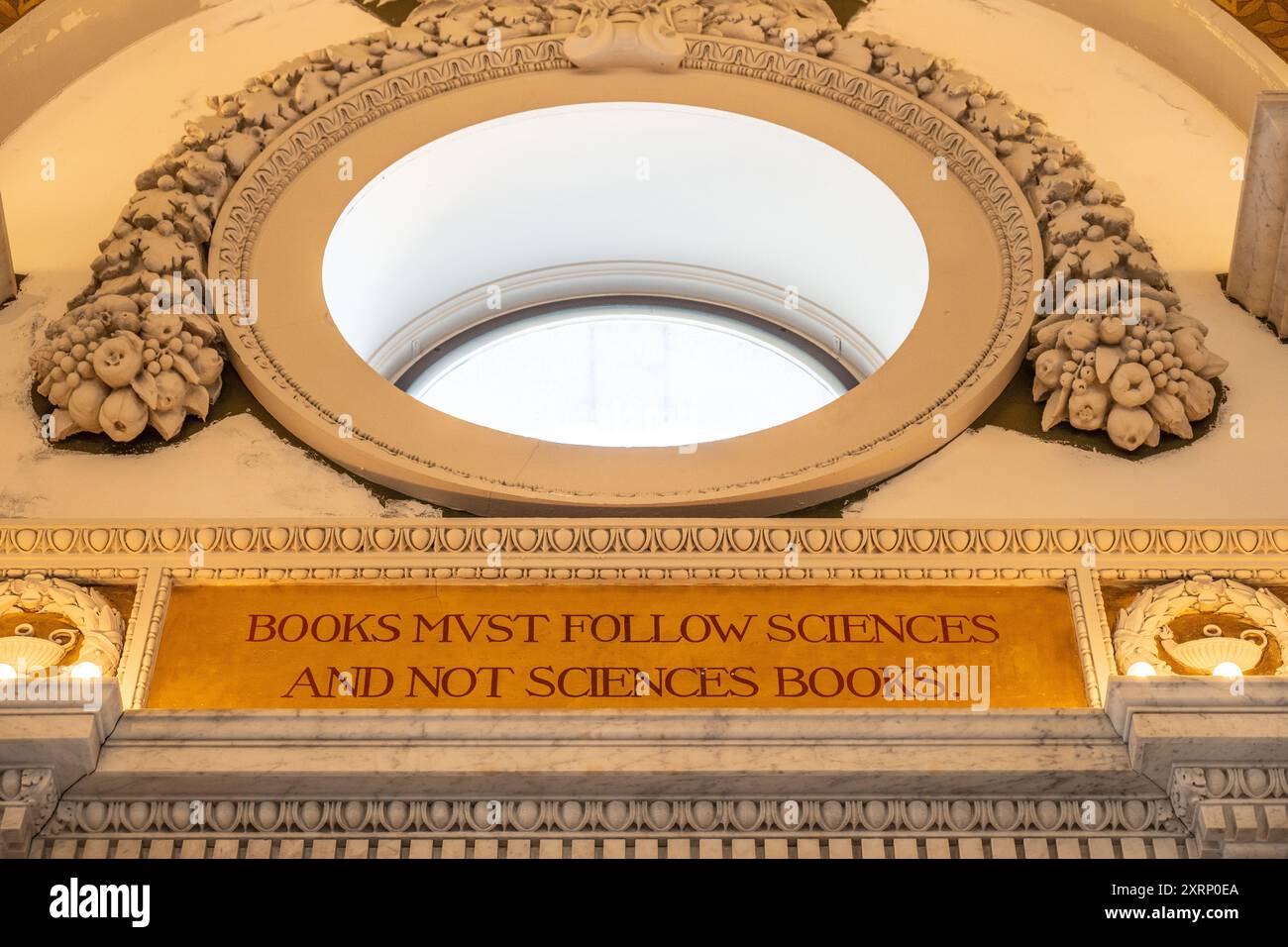 quote " Books Must Follow Sciences and not Sciences Books" at the Library of Congress in Washington DC Stock Photo