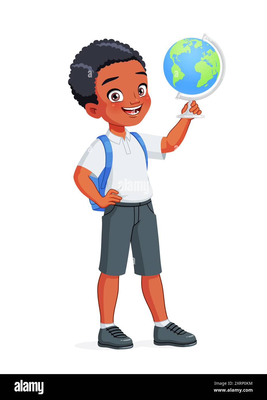 Smiling African American school boy holding a globe. Cartoon vector ...