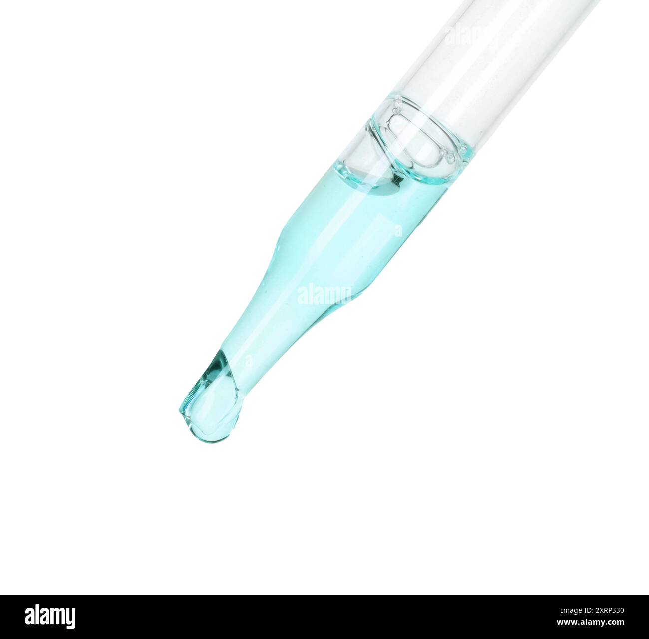 Dropper with light blue cosmetic oil on white background Stock Photo ...