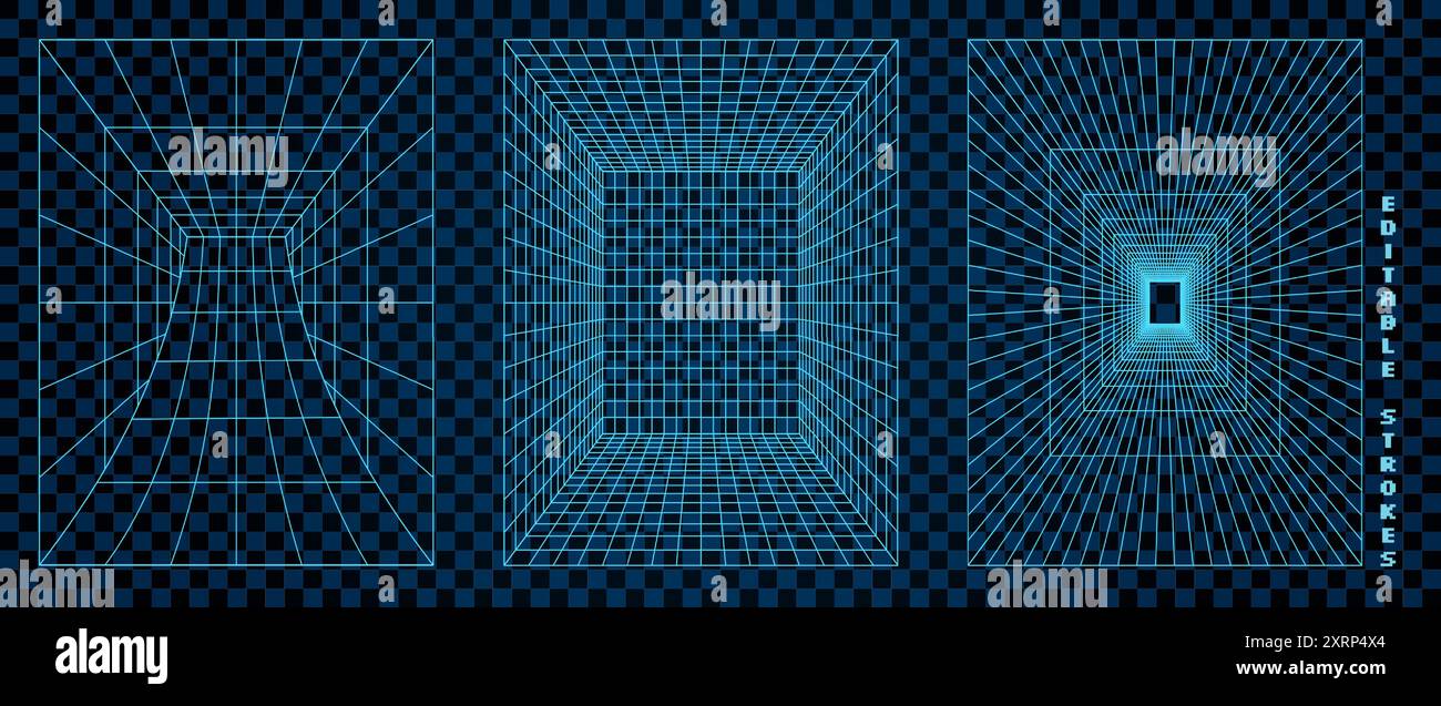 Abstract 3D Wireframe Tunnels on Checkered Grid Background Stock Vector